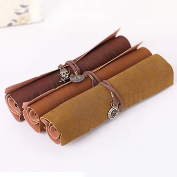 

Hot Sale Retro Pirate Treasure Map Roll Up PU Leather Pencil Case Pen Bags Make Up Holder gift