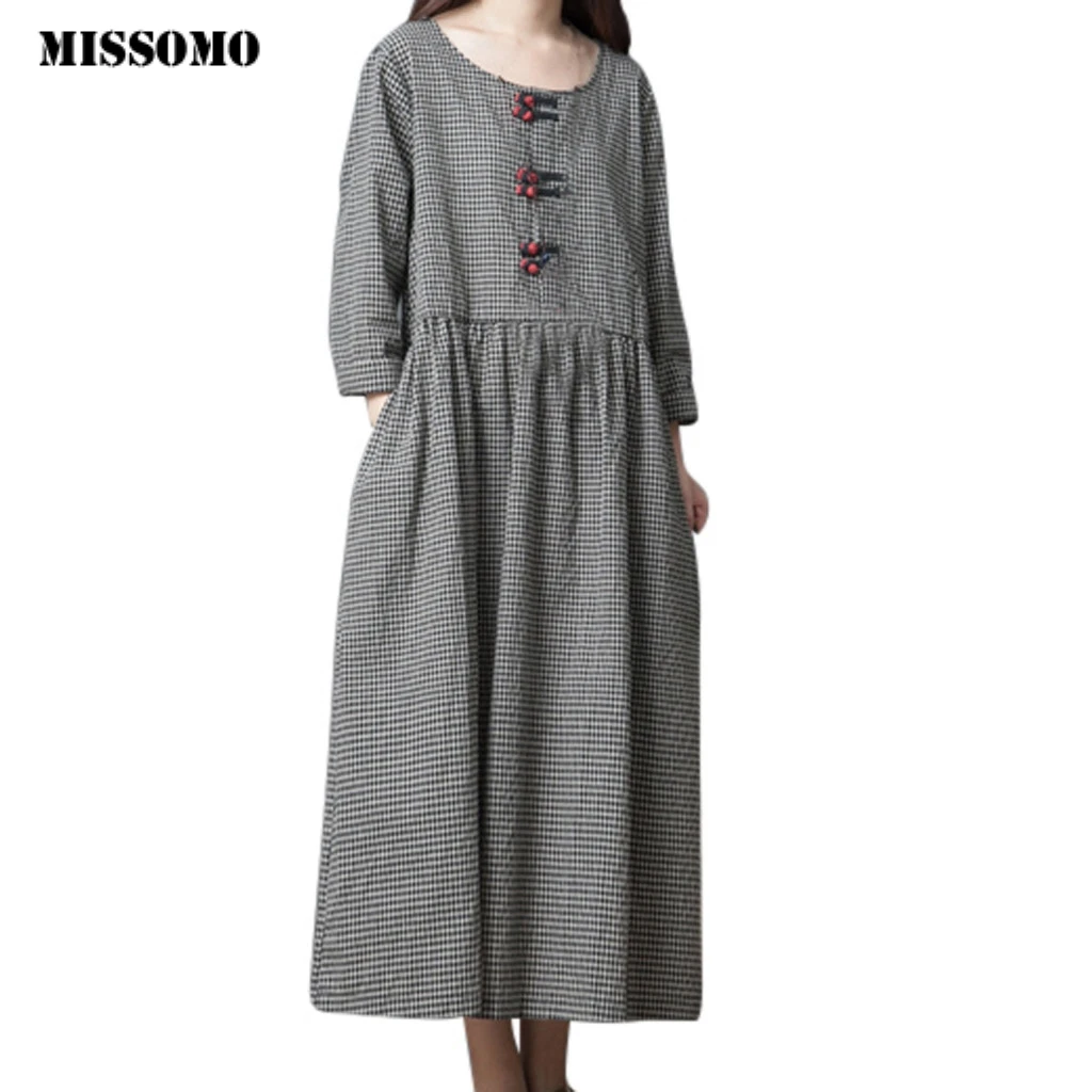 

MISSOMO Clothes Women Long Dress Girl plaid Japanese Style Linen dress Long Sleeve Checked Dress Vestidos drop ship