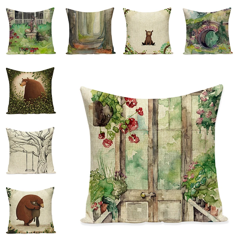 

Scenic Cushion Cover Linen Decorative Pillow Cases Bear Sofa Throw Pillowcase Car Seat Accessories Home Textile Decor 45x45cm