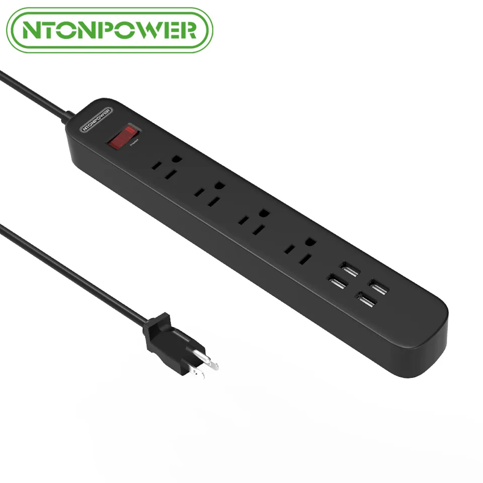 NTON power ODPC USB защита от перенапряжения, силовая лента, штепсельная вилка США 4, розетка переменного тока, 4 порта usb для зарядки с переключателем перегрузки, длинный шнур питания 1,5 м - Цвет: Черный