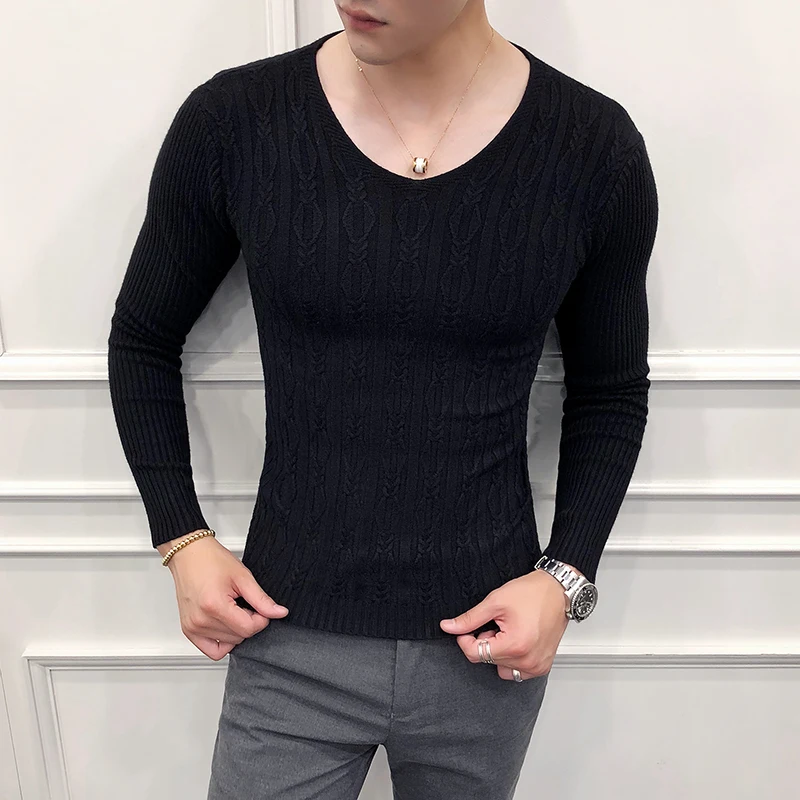 Корейский простой мужской свитер, абсолютно приталенный Повседневный вязаный свитер для мужчин, одежда, длинный рукав, v-образный вырез, Лидер продаж