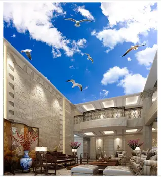

Custom photo wallpaper 3d ceiling wallpaper Beautiful blue sky white sky seagull zenith mural wallpapers for livingroom decor
