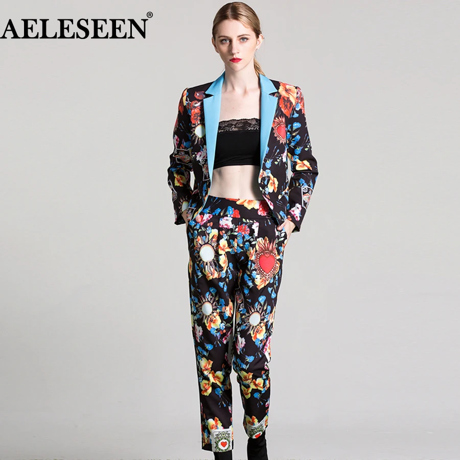 

Designer RAELESEEN Runway 2 Piece Set 2018 Autumn Floral Full Sleeve Blazer Tops + Women Ankle- Length Pencil Print Pants Suits