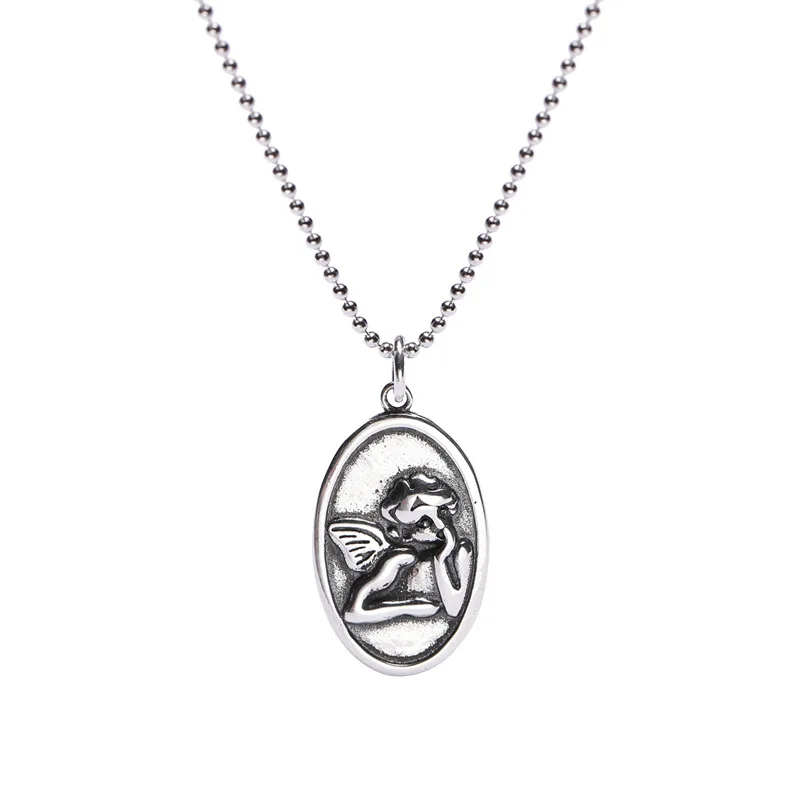 Retro 100% Authentic 925 Sterling silver Wings Angel Oval Necklace Fine jEWELRY X64 | Украшения и аксессуары