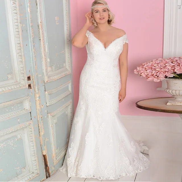 

Sexy V-neck Mermaid Wedding Dresses Plus Size Off The Shoulder Tulle Lace Wedding Gowns Bride Dress Vestido De Novia Custom Made