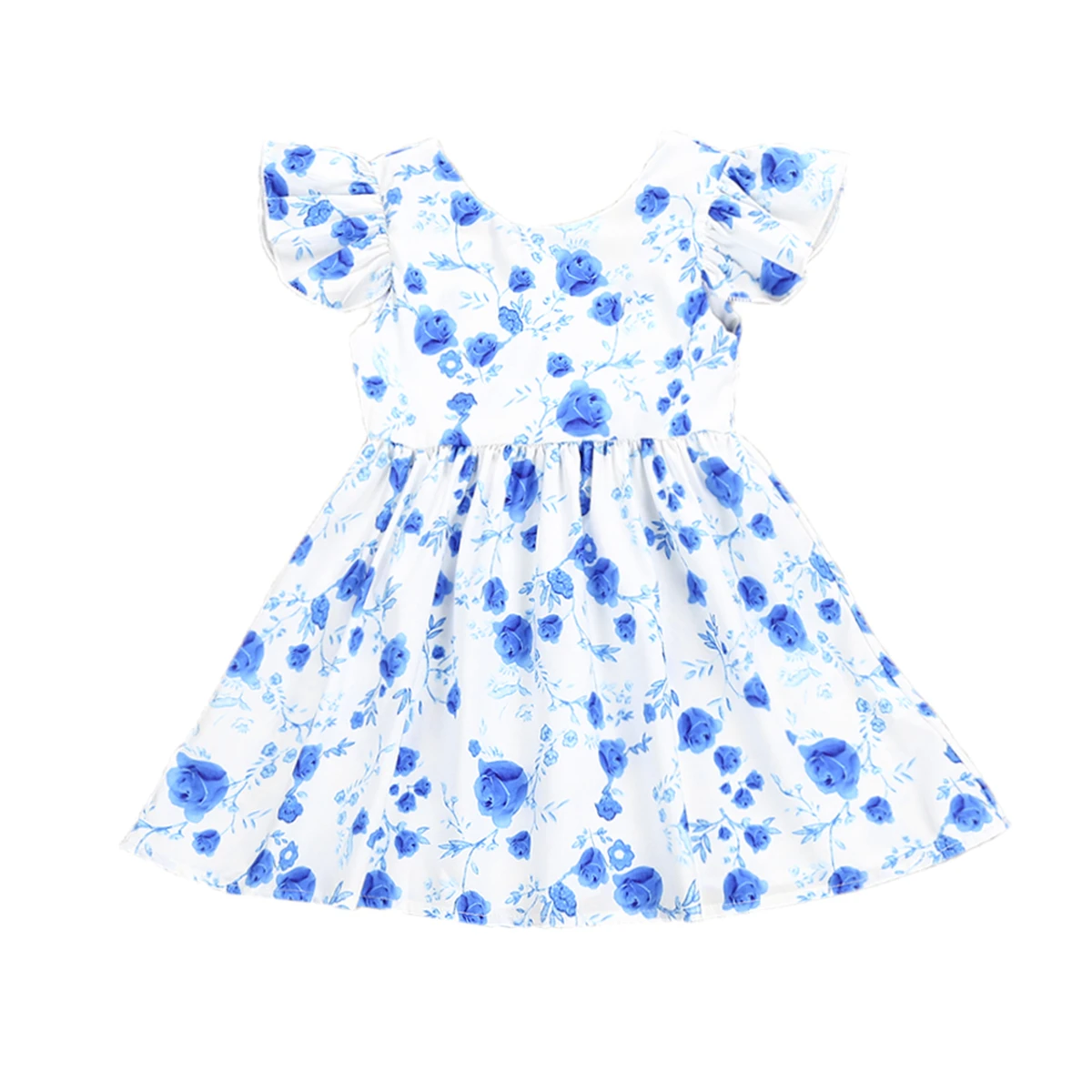 Baby Kid Girl Blue Flower Printing Dress Cotton Summer Princess Casual