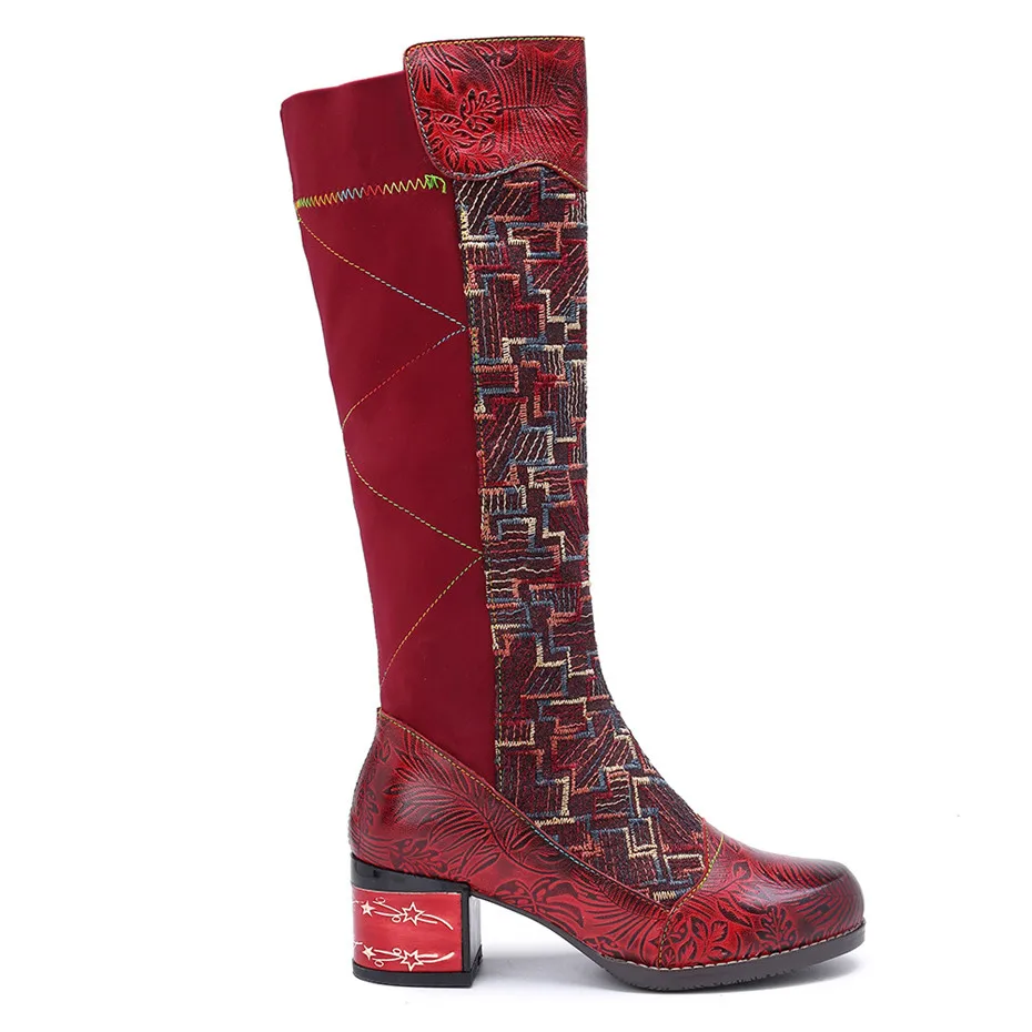 Handmade Genuine Leather Knee High Boots Women Shoes Vintage Patchwork Lady Embroider Shoes Zipper Heels Spring Autumn Boots New (16)