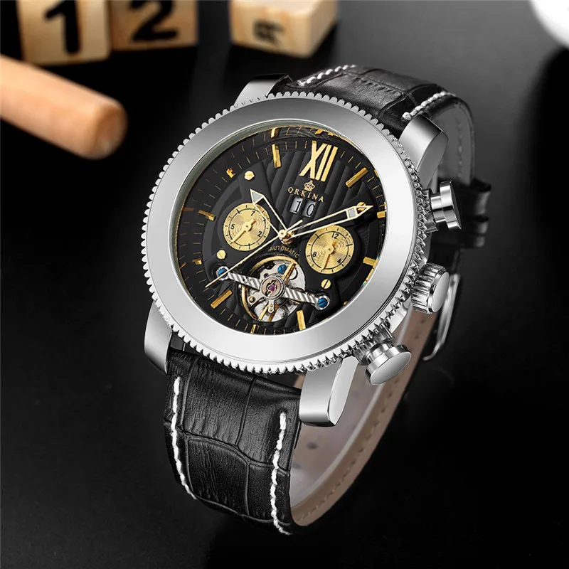 الفاخرة توربيون التلقائي ساعات آلية الرجال الفاخرة العلامة التجارية Orkina ووتش الرجال ساعات آلية الجلود المعصم الساعات