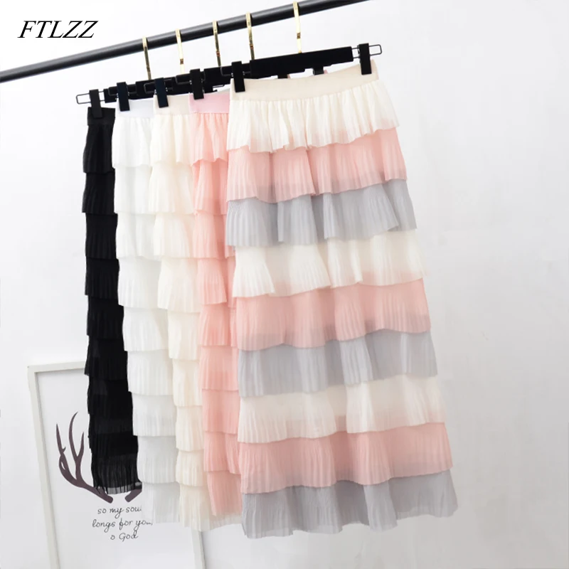 

FTLZZ New Sweet High Waist Multi-color Patchwork Cakee Layered Maxi Long Skirt Women Elegant Pink Long Tiered Skirt Girl