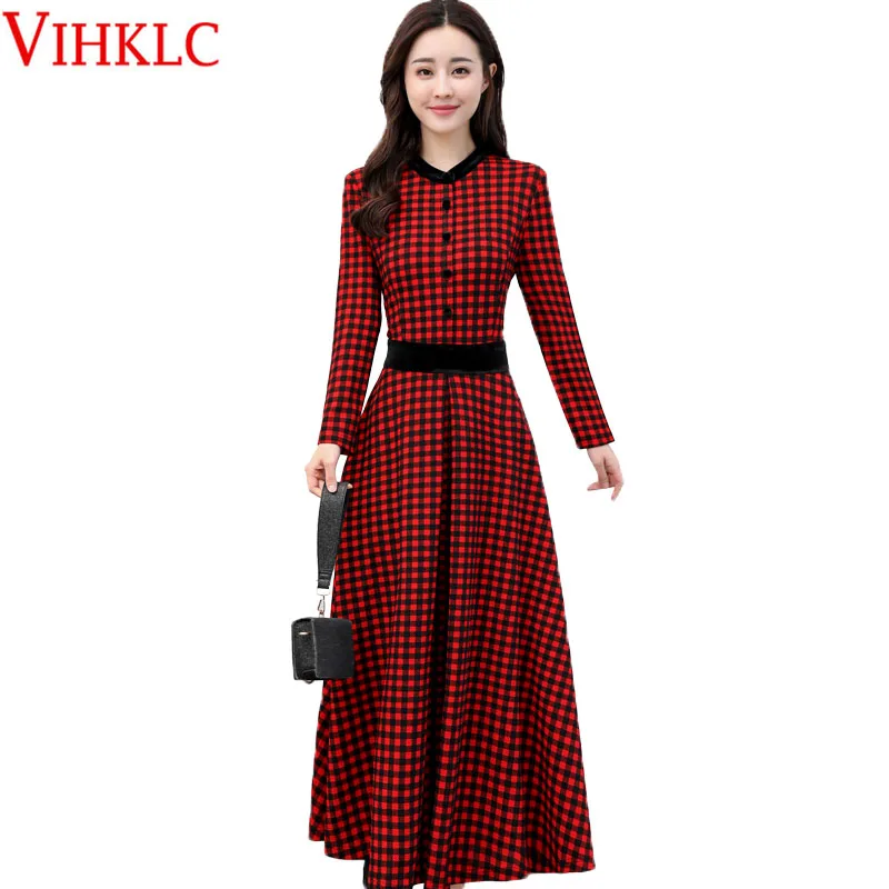 

2018 Scottish plaid red long dress Elegant long Sleeve V-neck simple A-line dress Autumn dress fashion party Vestidos B821
