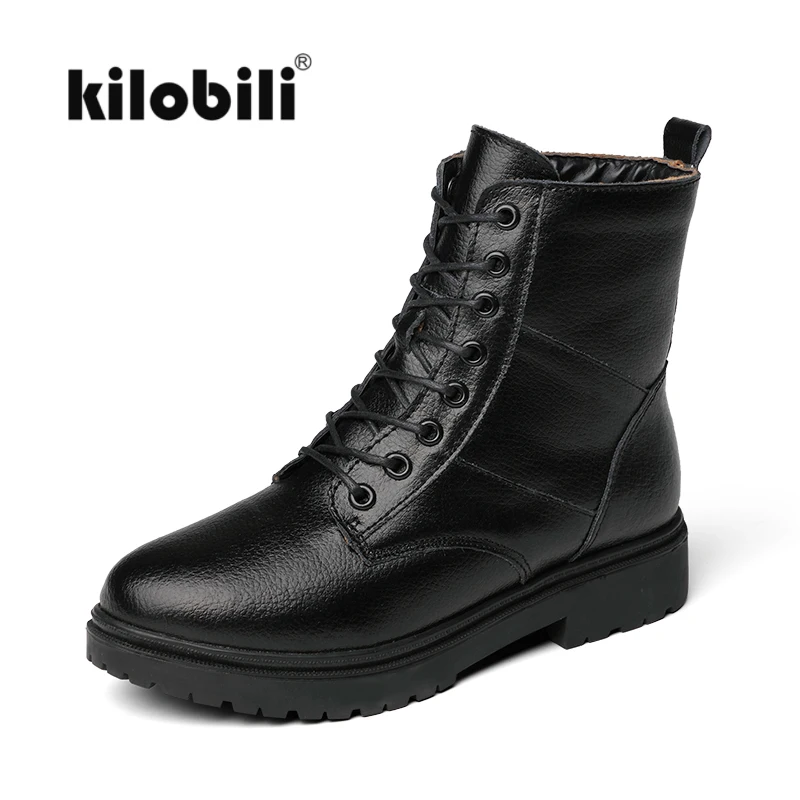 

kilobili Women winter Motorcycle Ankle Boots shoes women short Snow work safety boots women warm plush leather army boots 2018