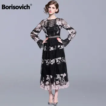 

Borisovich Ladies Elegant Party Dresses New Brand 2019 Spring Fashion Patchwork Mesh Embroidery Women A-line Long Dress N870