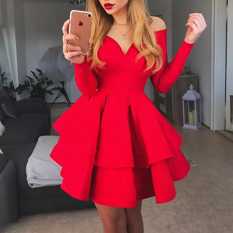 

Women Elegant Stylish Strapless Cocktail Mini Dress Off Shoulder Layered Ruffles Red Party Dress 2019 New