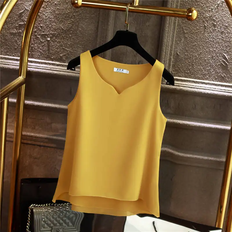 Модная Новая тонкая женская блузка Летний шифон без рукавов рубашка однотонная с v-образным вырезом Повседневная Блузка размера плюс 5XL свободные женские топы - Цвет: yellow