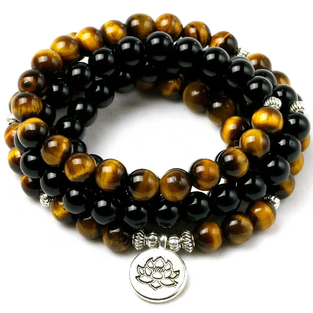 Натуральный камень тигровый глаз с черным ониксом бисером энергии браслет Будды для женщин и мужчин Mala здоровье йога Шарм крылья ювелирные изделия подарок