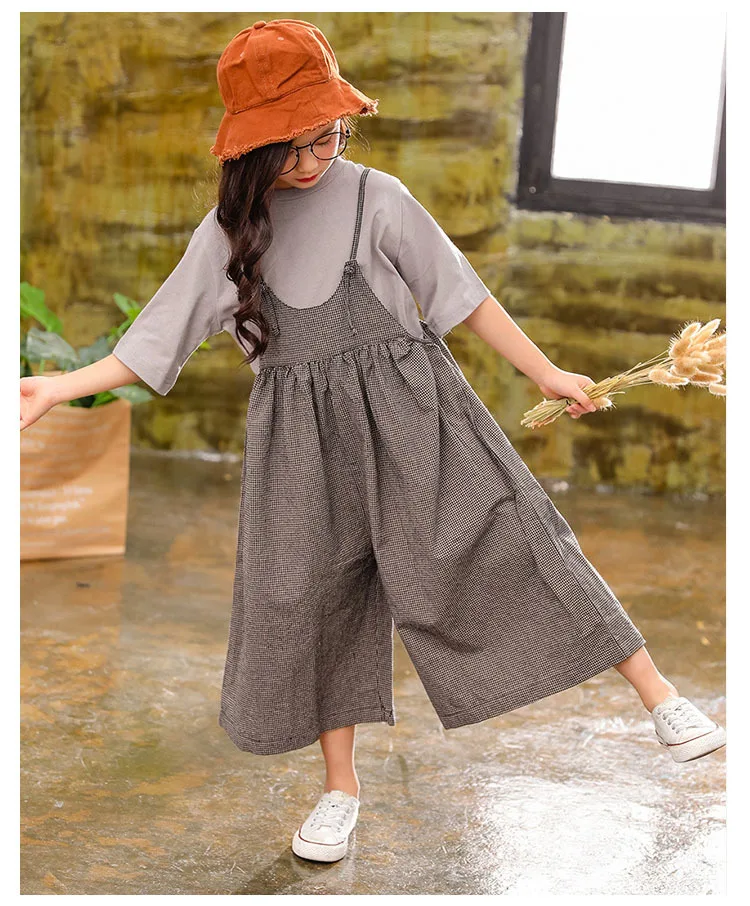 Kids Clothing For Big Girls Summer Clothes Children Solid Tshirt Tops + Loose Jumpsuit 2Pcs Sets Overalls Clothes 8 10 12 Years (14).jpg