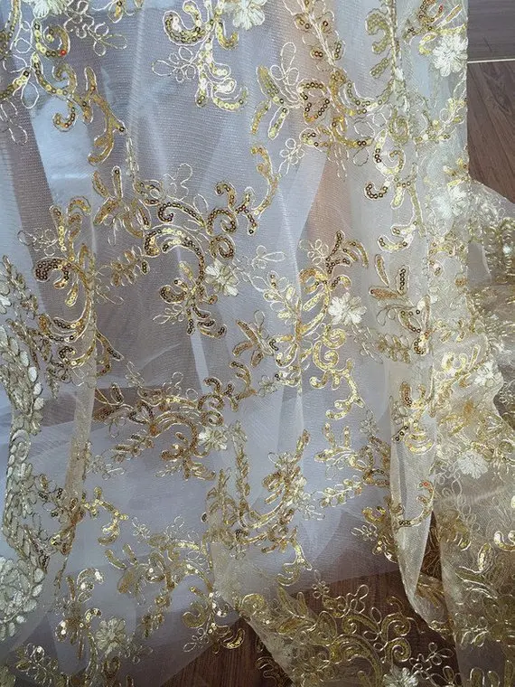 

1 Yard Champagne Gold Sequin Tulle Bridal Lace Fabric, Double Scalloped Embroidered Fabric for Wedding, Bridals, Gowns