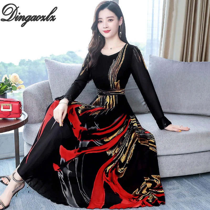 

Dingaozlz Elegant Women Dress Female 2019 New Printed Maxi dress Slim Autumn Long Sleeve Casual dress Plus size