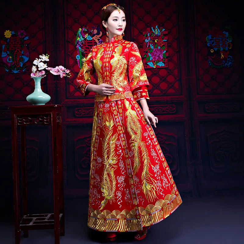  Chinese Traditional Dress Red Long Sleeve Cheongsam Embroidery Qipao Oriental Dresses Wedding Invit - 32868403991