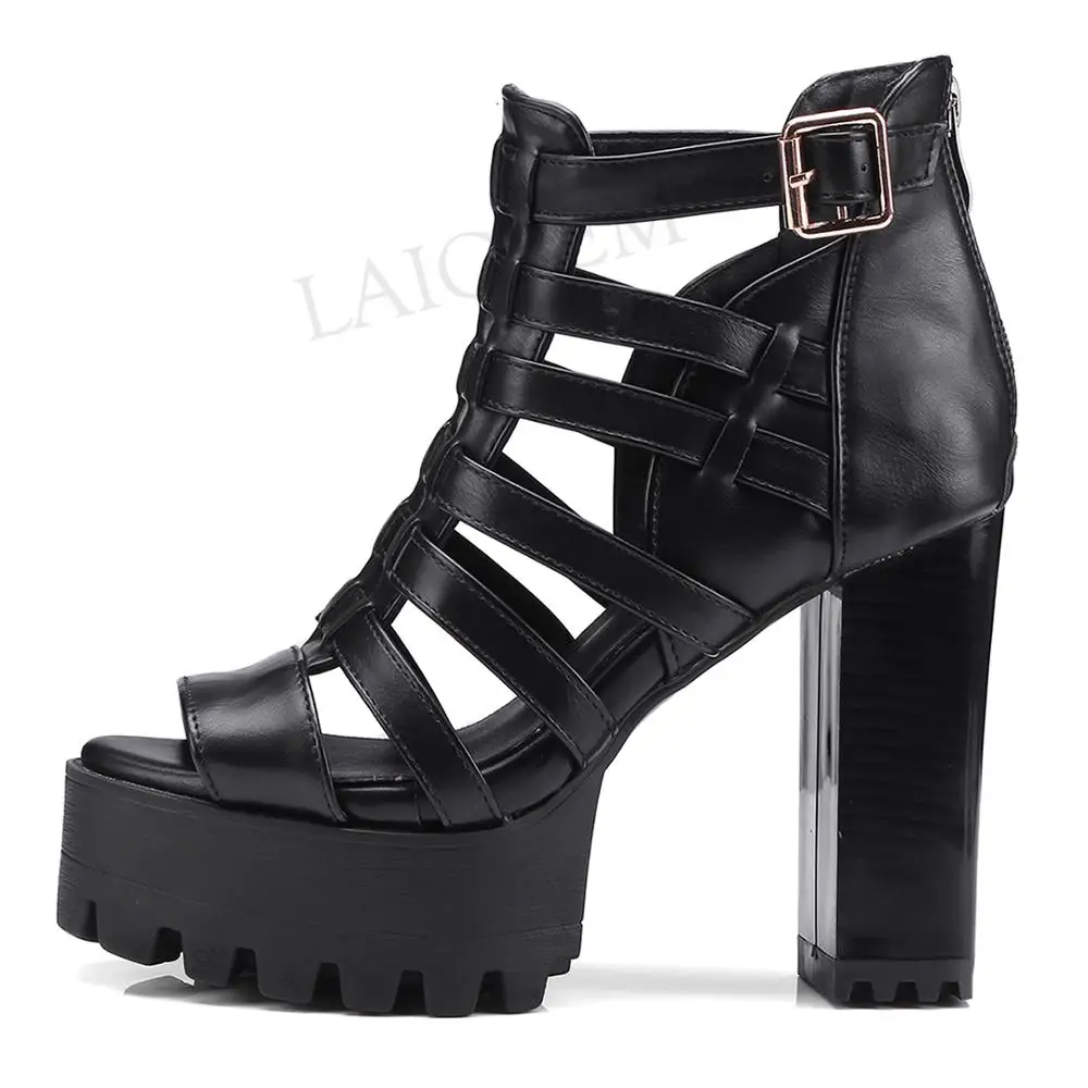 LAIGZEM FASHION Women Sandals Chunky Heels Sandals Straps Back Zipper Faux Leather Ladies Shoes Summer Woman Big Size 33-45 (14)