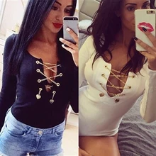 Women Metal Chain Sexy Bandage Deep V-Neck Long Sleeve Leotard Pants Fashion Top