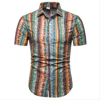 

men's casual short sleeve shirt fashion cotton and linen lapel short sleeve shirt new popular men's printed short sleeve shirt