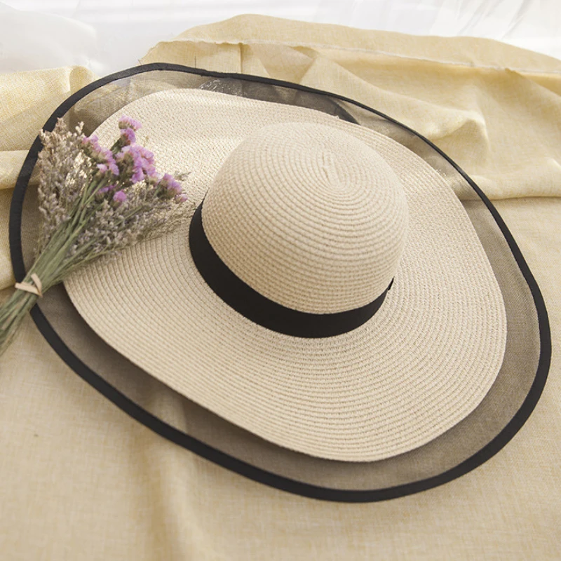 HT2504 Sun Hat Summer anti-UV Lady Wide Brim Hat Women Solid Plain Floppy Summer Straw Hats for Women Female Mesh Brim Beach Women Sun Hat