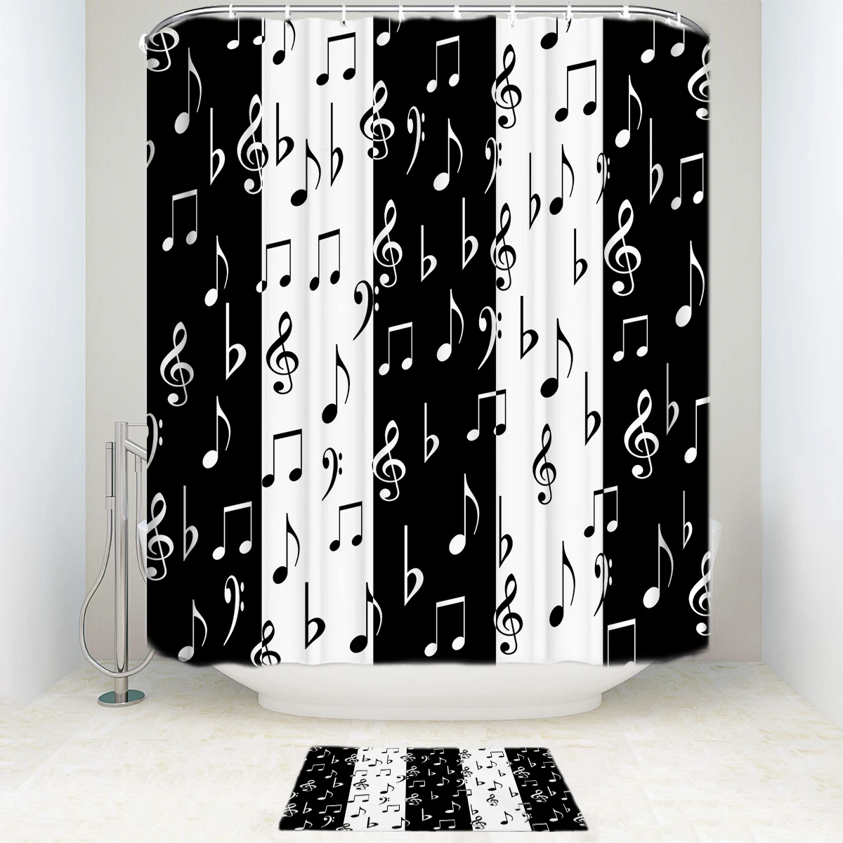 Fashionable Music Lovers Musical Notes Pattern Black White Waterproof Shower Curtain Set Polyester Fabric Bathroom Curtains Mats