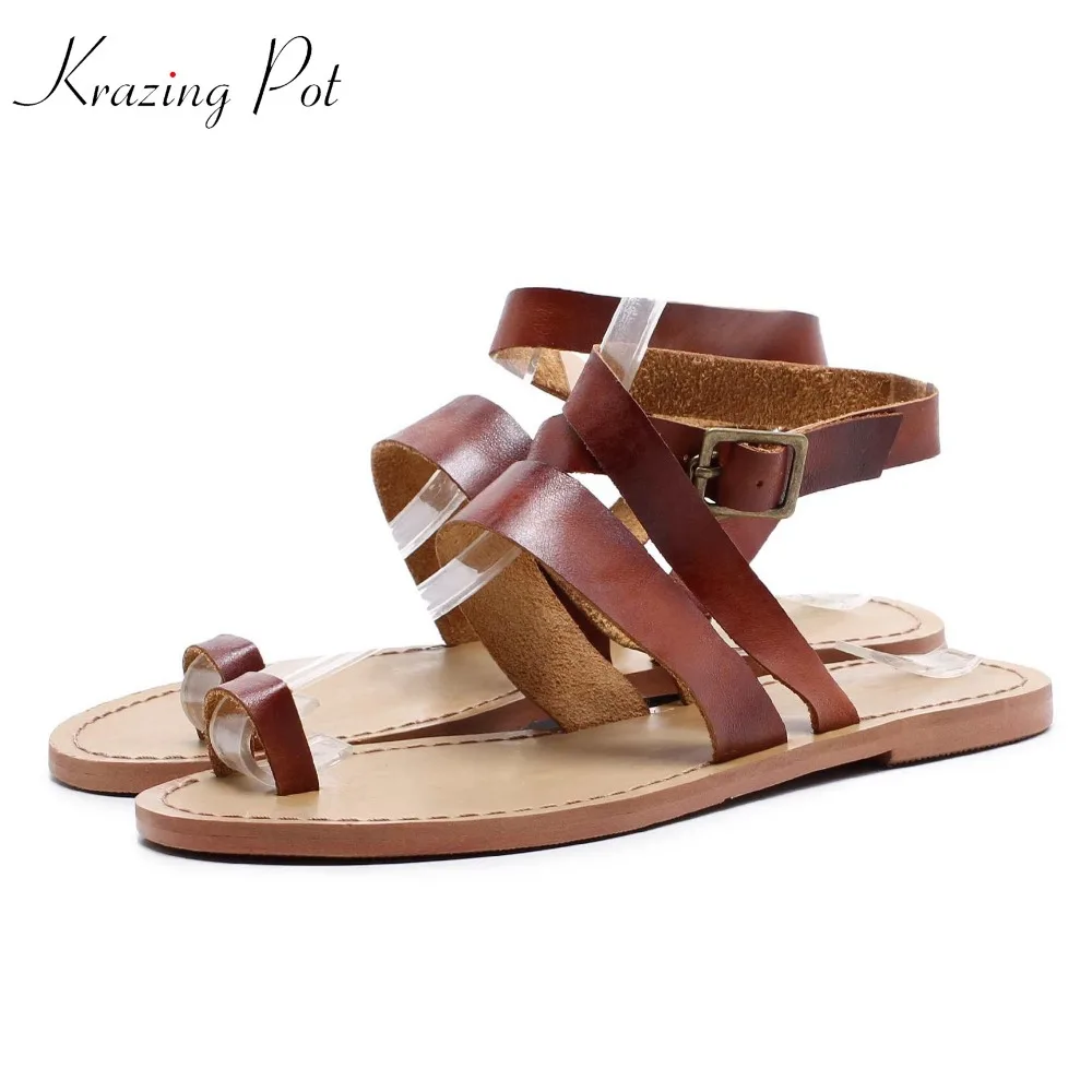 

Krazing Pot full grain leather peep toe flat with flip flop set finger superstar art sandals buckle straps retro summer shoe L17