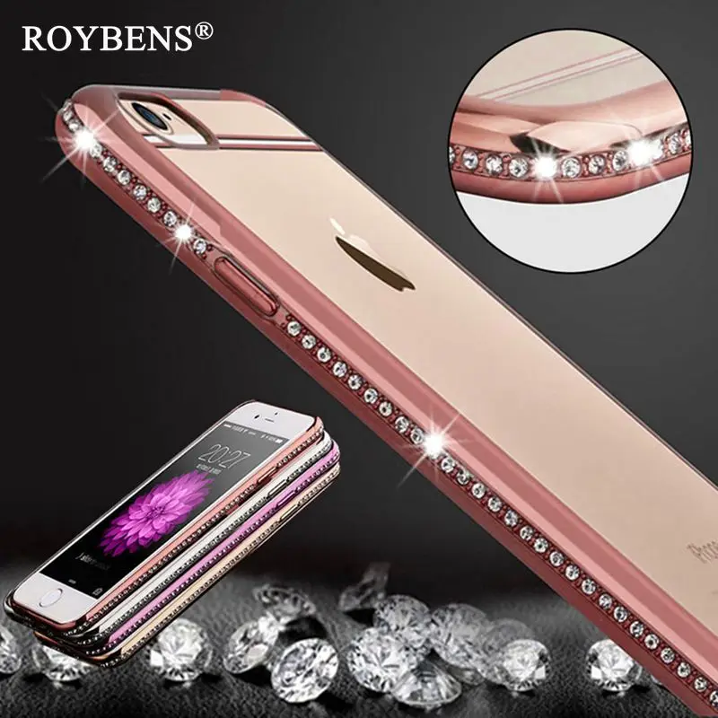 Роскошные Roybens диаманта Bling чехол для iPhone 7 8 Plus прозрачный мягкий из ТПУ с RoseGold