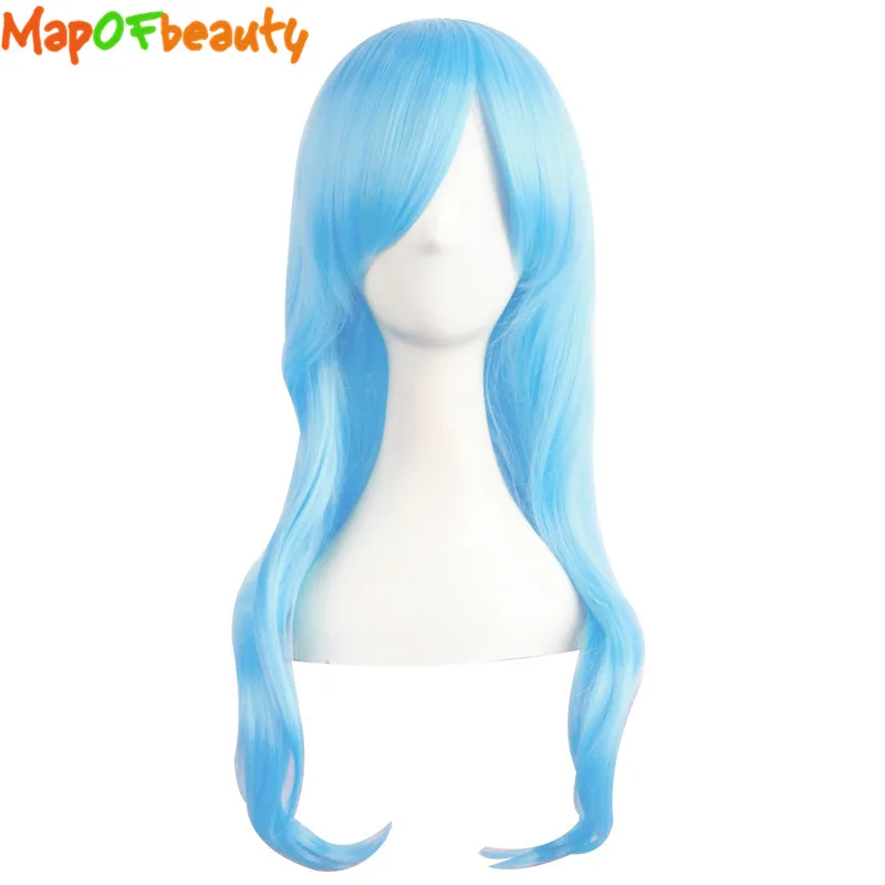 

MapofBeauty 28" Long Curly Cosplay Blue Wigs Hairpiece Hairstyle Synthetic Hair Natural High Temperature Fiber Wigs For Women