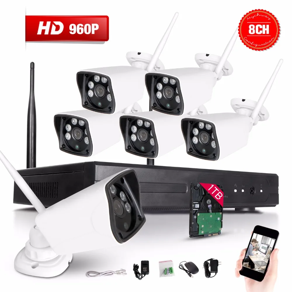 8CH 960P NVR Wireless 6pcs CCTV Security Camera System Weatherproof Wifi In/Outdoor IP Surveillance Camera Kit 1TB Hard Disk