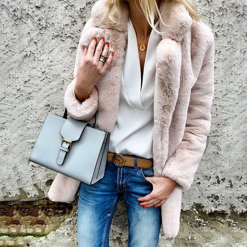 Осеннее и зимнее пальто из искусственного меха кролика, женская модная куртка с капюшоном, Женская куртка с длинным рукавом, размытая куртка S-3XL - Цвет: Розовый