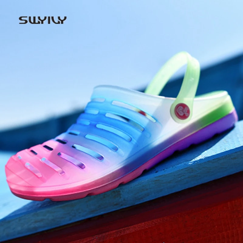 SWYIVY Women Wading Shoes Rainbow Gradient Breathable Aqua Sandals 2018 Summer Ultra-light Soft Female Beach Slippers Big Size41