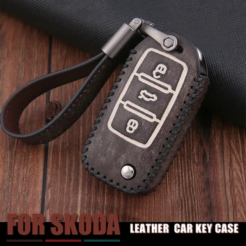 

Leather Handmade Key Shell Case Keychain Car Key Bag Fob For Skoda Octavia A7 Fabia Karoq Kodiaq 3 Buttons