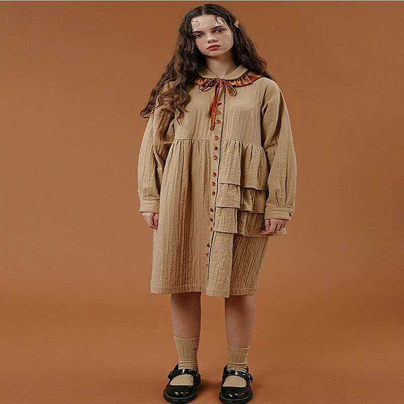 

2018 New Spring And Autumn Women Dress Brown Flounce Embellished Doll Collar Dress Cap Sleeve Ruffle Hem Sheath Dress