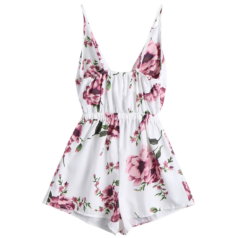 

Jumpsuit Women White 2019 Jumpsuit Deep V-Neck Print Sleeveless Sling Loose Jumpsuit Playsuits With Lace Up combishort femme 6.8