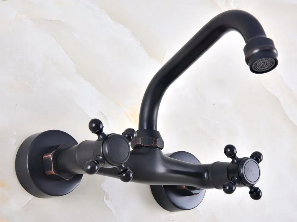 

Black Brass Wall Mounted Basin Faucet 360 Degree Swivel Spout Bathroom Sink Faucet Double Hot & Cold Handle Mixer Tap Knf811