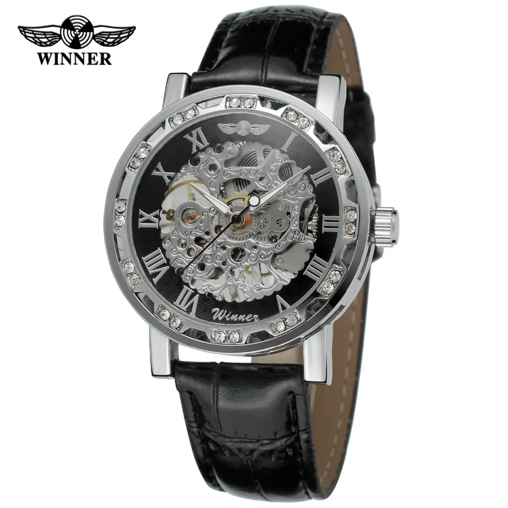 WINNER брендовые механические часы, кожа мужские водонепроницаемые часы Скелет Бизнес Мужские часы Роскошные спортивные военные мужские наручные часы