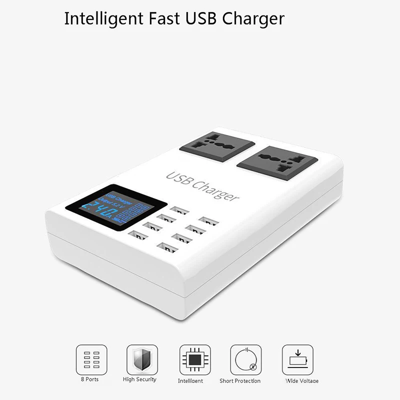 Smart Мощность полоса 40 Вт 8A Multi Порты и разъёмы USB Зарядное устройство 8 Порты адаптер чип 2 розетки с зарядка через usb станция ЖК-дисплей Дисплей