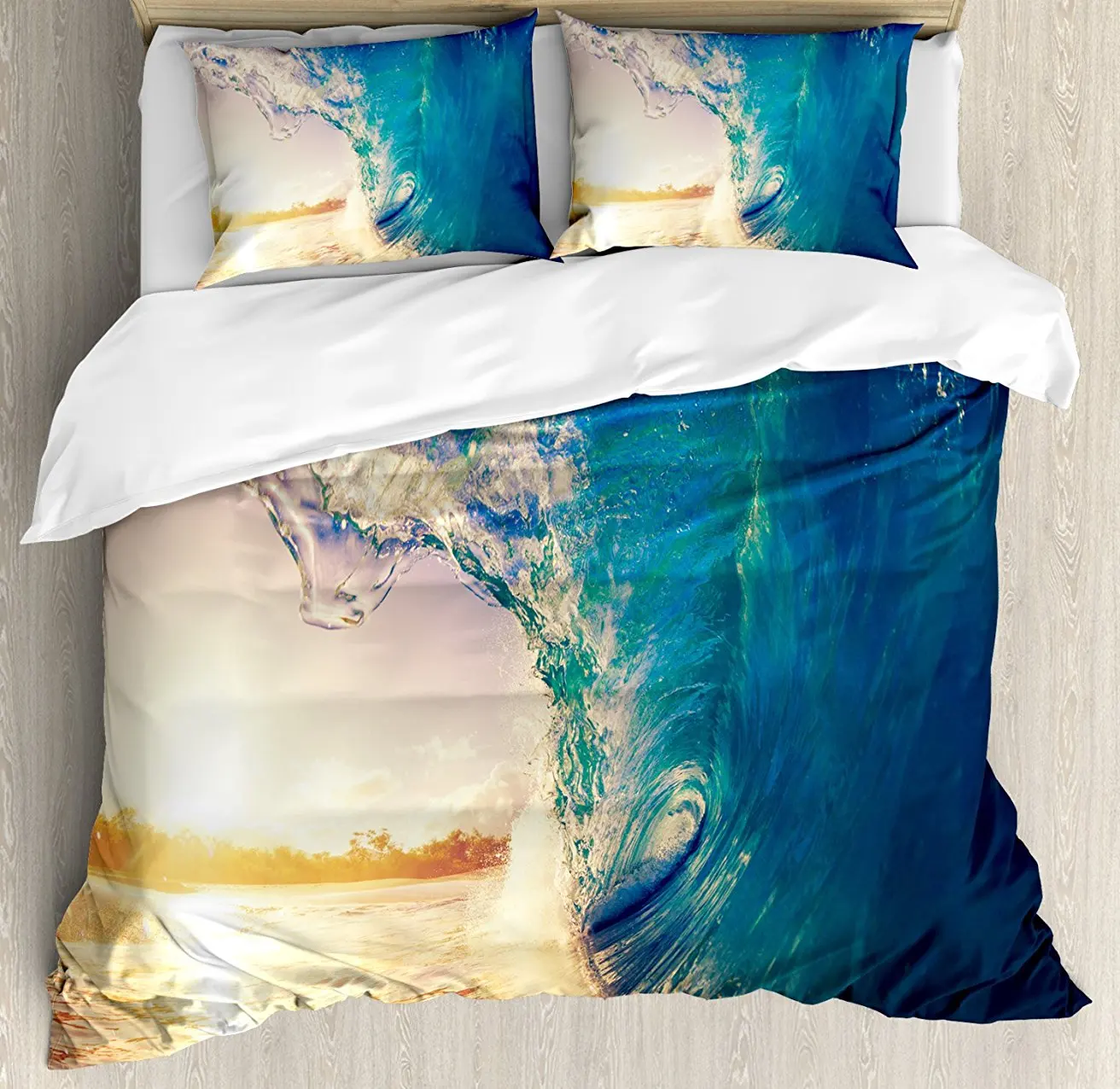 

Duvet Cover Set, Ocean Wave at Sunrise Reflection on Surface Tropical Trees Shoreline Summer Picture, 4 Piece Bedding Set