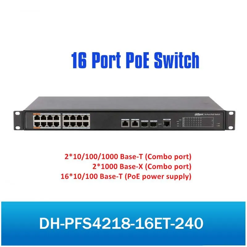 

DH 16 Port PoE Switch PFS4218-16ET-240 2*10/100/1000 Base-T without logo for Security System