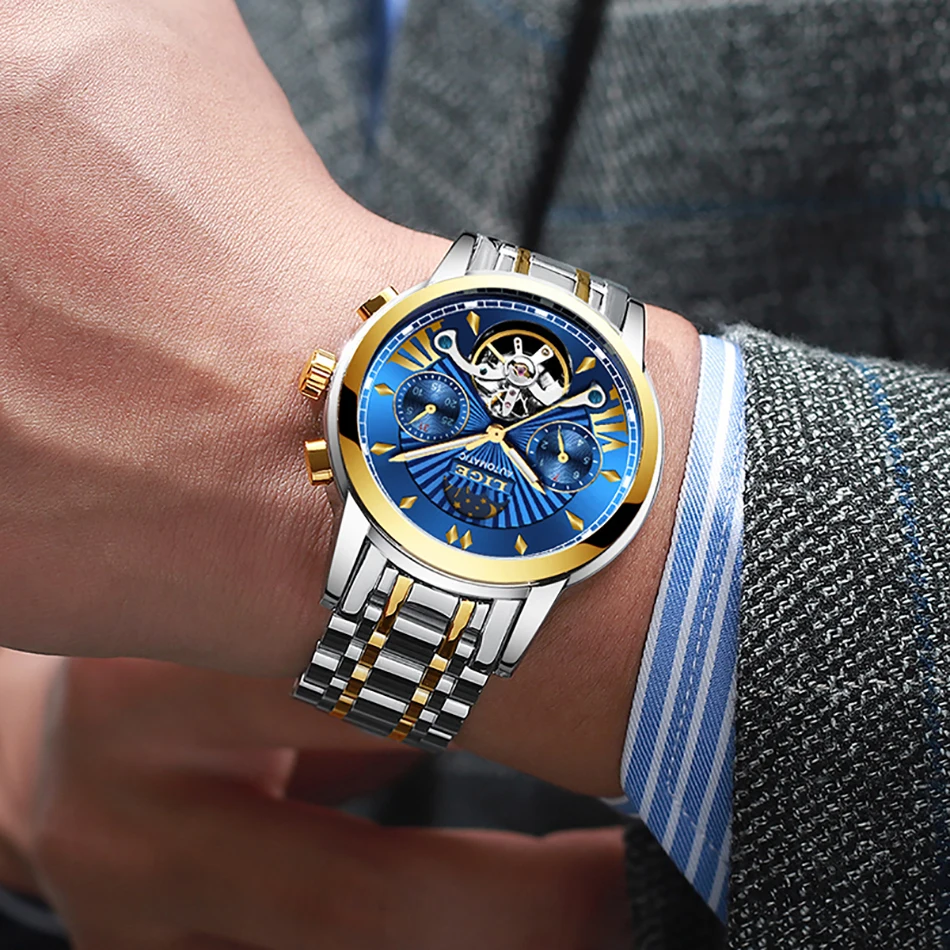 LIGE часы Классический турбийон синий циферблат Роскошные Мужские автоматические часы из нержавеющей стали водонепроницаемые механические часы для мужчин