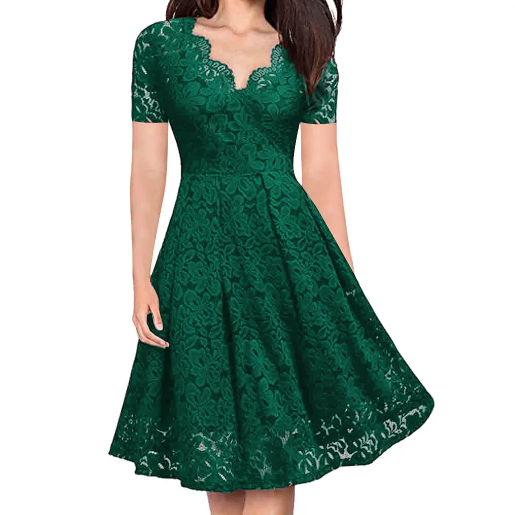 Женское элегантное платье с v-образным вырезом и открытыми плечами, кружевное платье в деловом стиле, вечерние платья с коротким рукавом, летнее платье vetement femme - Цвет: green