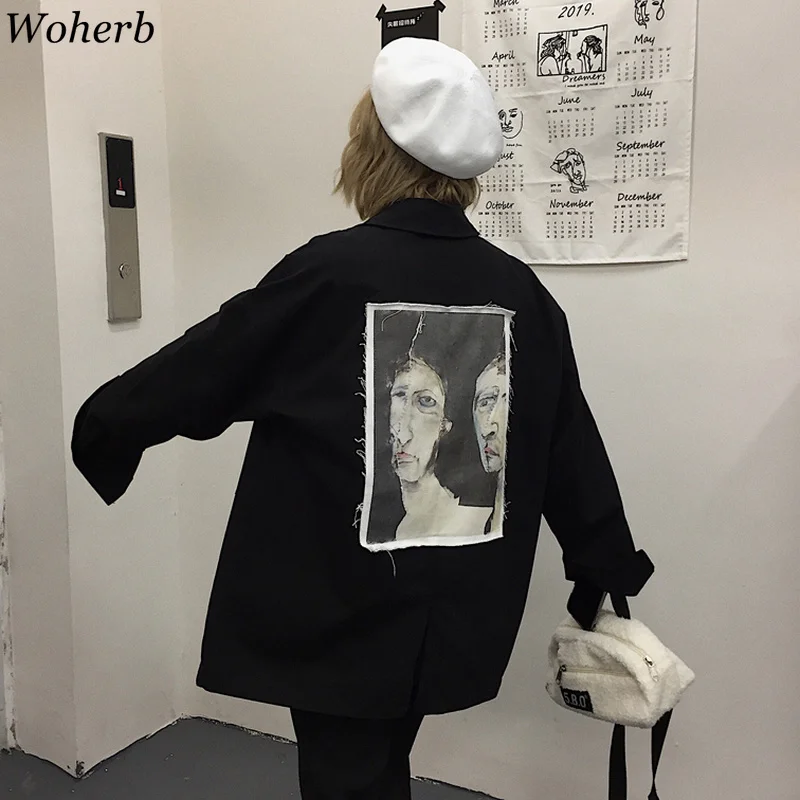 lower price  Woherb 2020 Autumn New Korean Retro Harajuku Jacket Women Black Coat Aesthetic Print Vintage Casual