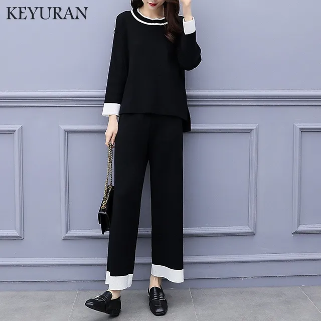 Casual Sweater Sets Womens Knitted Plus Size Two Piece Suits Wide Leg ...