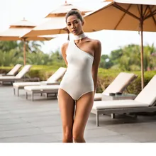 KEKAKA винтажный корейский сплошной черный белый галстук шеи цельный купальник сексуальный один плечо женский купальник-Монокини Купальный Костюм