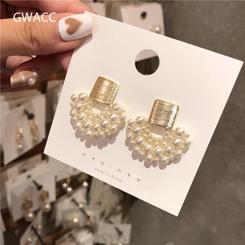 

GWACC Korea Big Sector Pearl Drop Earrings Fan Shape Geometric Square Gold Metal Earrings for Women S925 Silver Needle Earrings