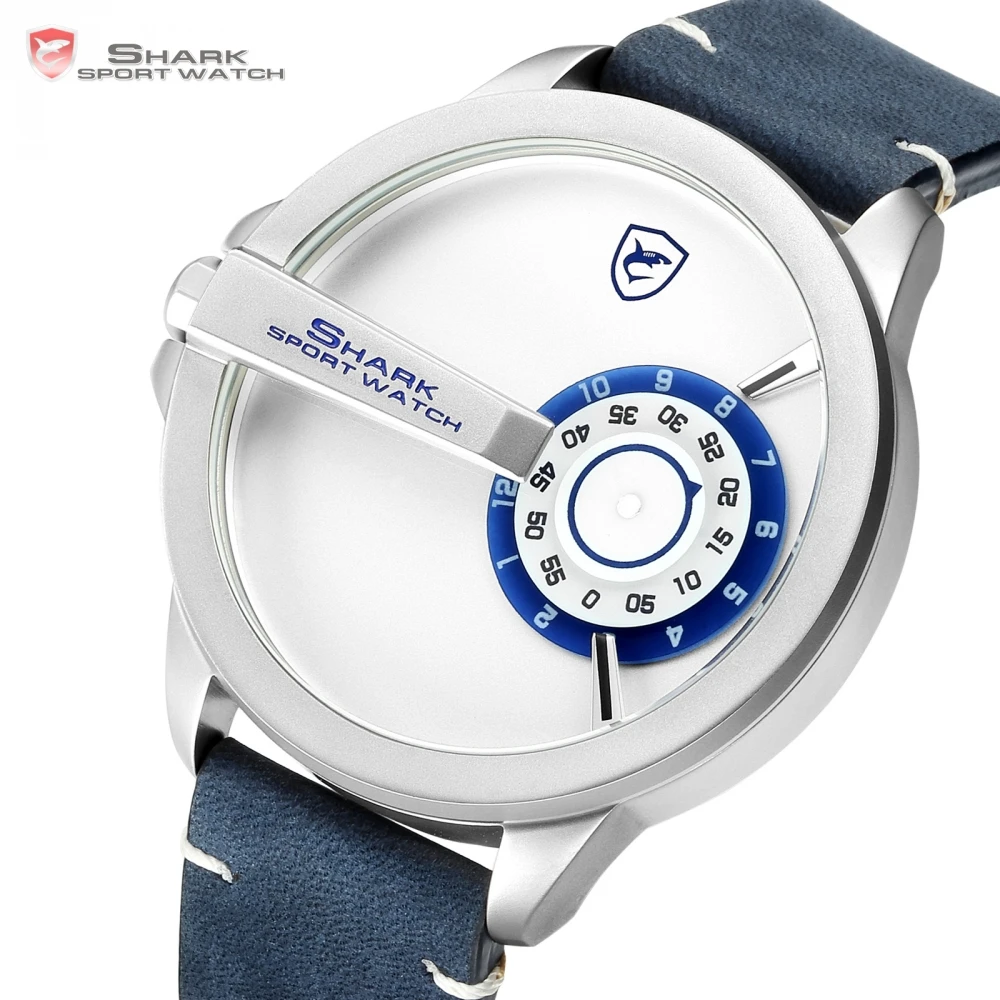 NEW SHARK Sport Watch Turntable Dial Special Design Quartz Crazy Horse Leather Band Waterproof Men Wrist Creative Watches /SH561