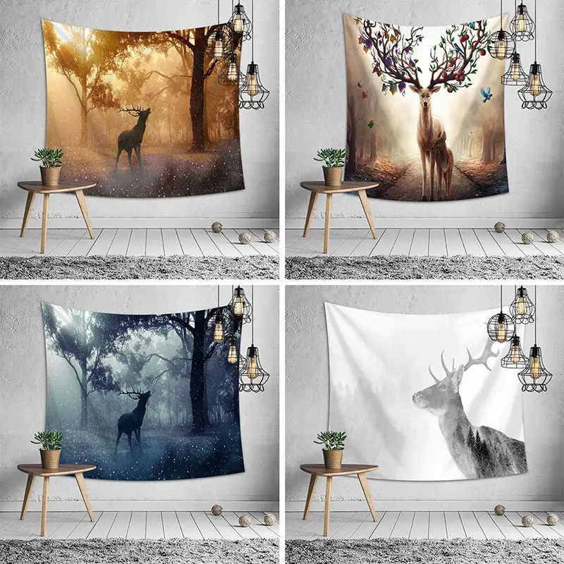 

Customize Creative Nordic elk Series Pattern Polyester Tapestry Animal Printed Wall Hanging Mural Gobelin Living Room Home Decor